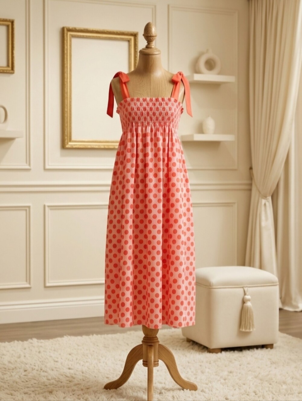 J.Nna Pink Polka Dot Tie Shoulder Smocked Maxi Dress |  L